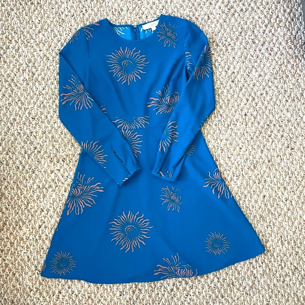LOFT Blue and Copper/Orange Floral Long Sleeve A-Line Shift Dress | Size 0P
